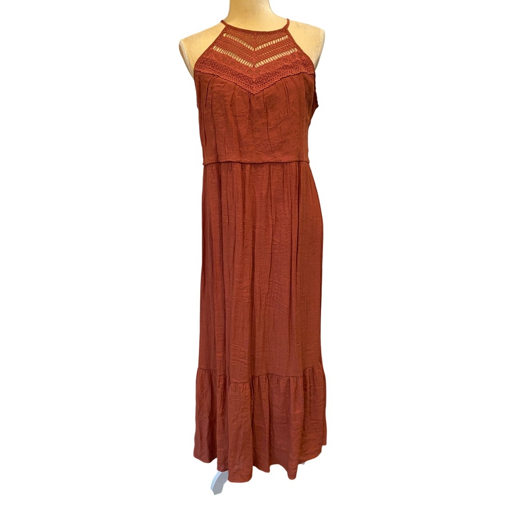 Luxology Womens Rust Orange Crochet Lace Halter Neck Tiered Maxi Dress Medium